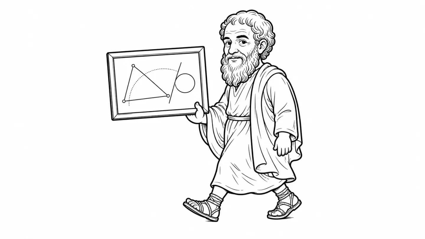 エウクレイデスが世界の見方を象徴する図を手に歩くモノクロ線画