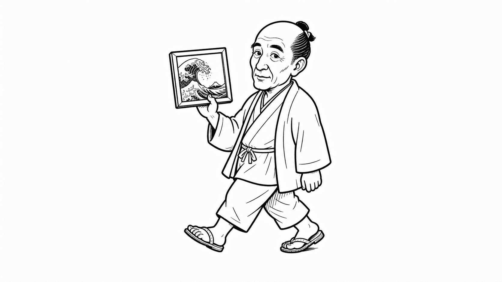 葛飾北斎が世界の見方を象徴する図を手に歩くモノクロ線画