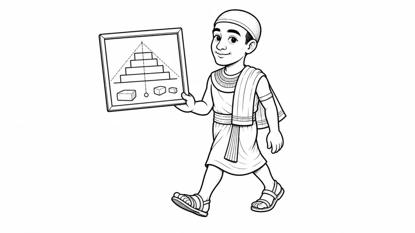 イムホテプが世界の見方を象徴する図を手に歩くモノクロ線画