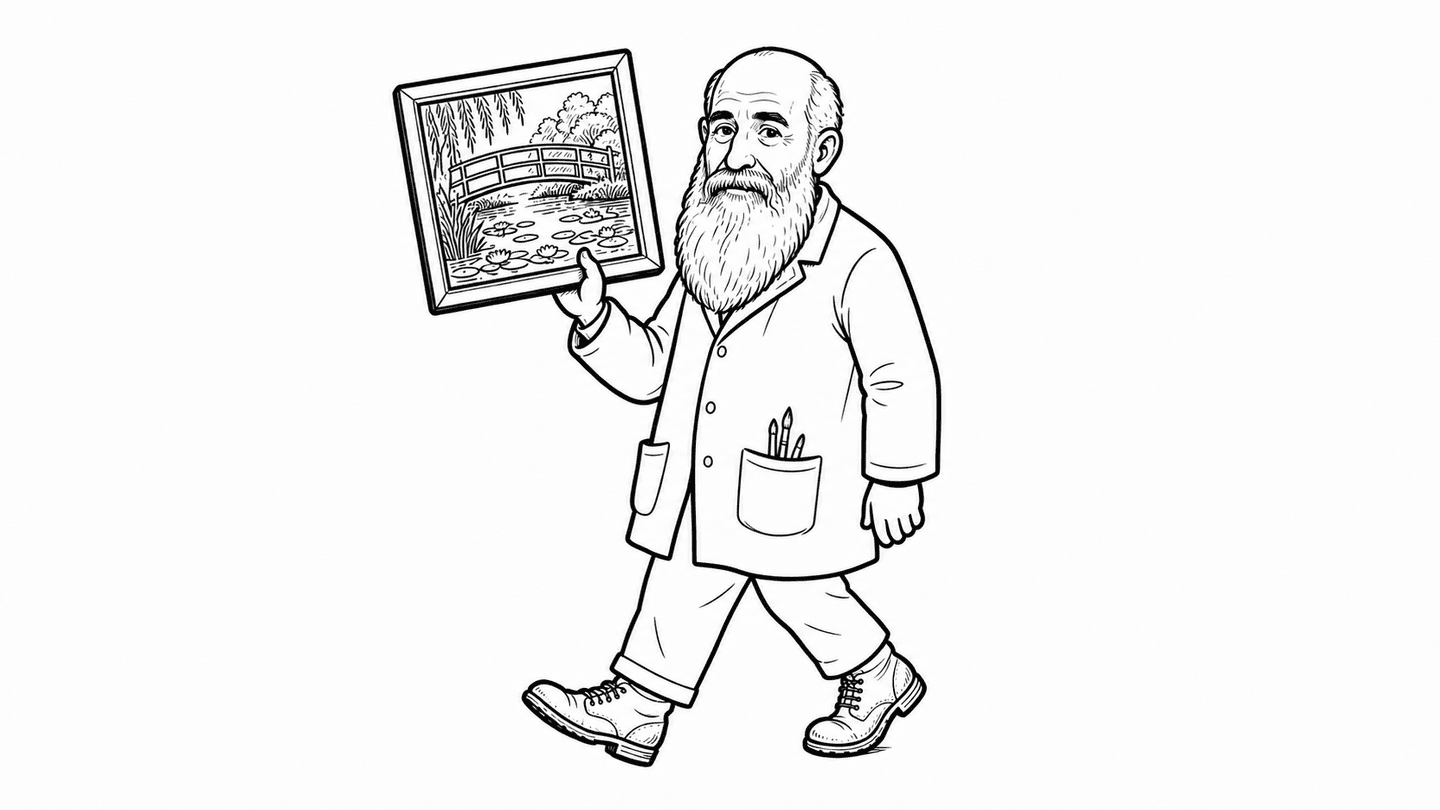 クロード・モネが世界の見方を象徴する図を手に歩くモノクロ線画