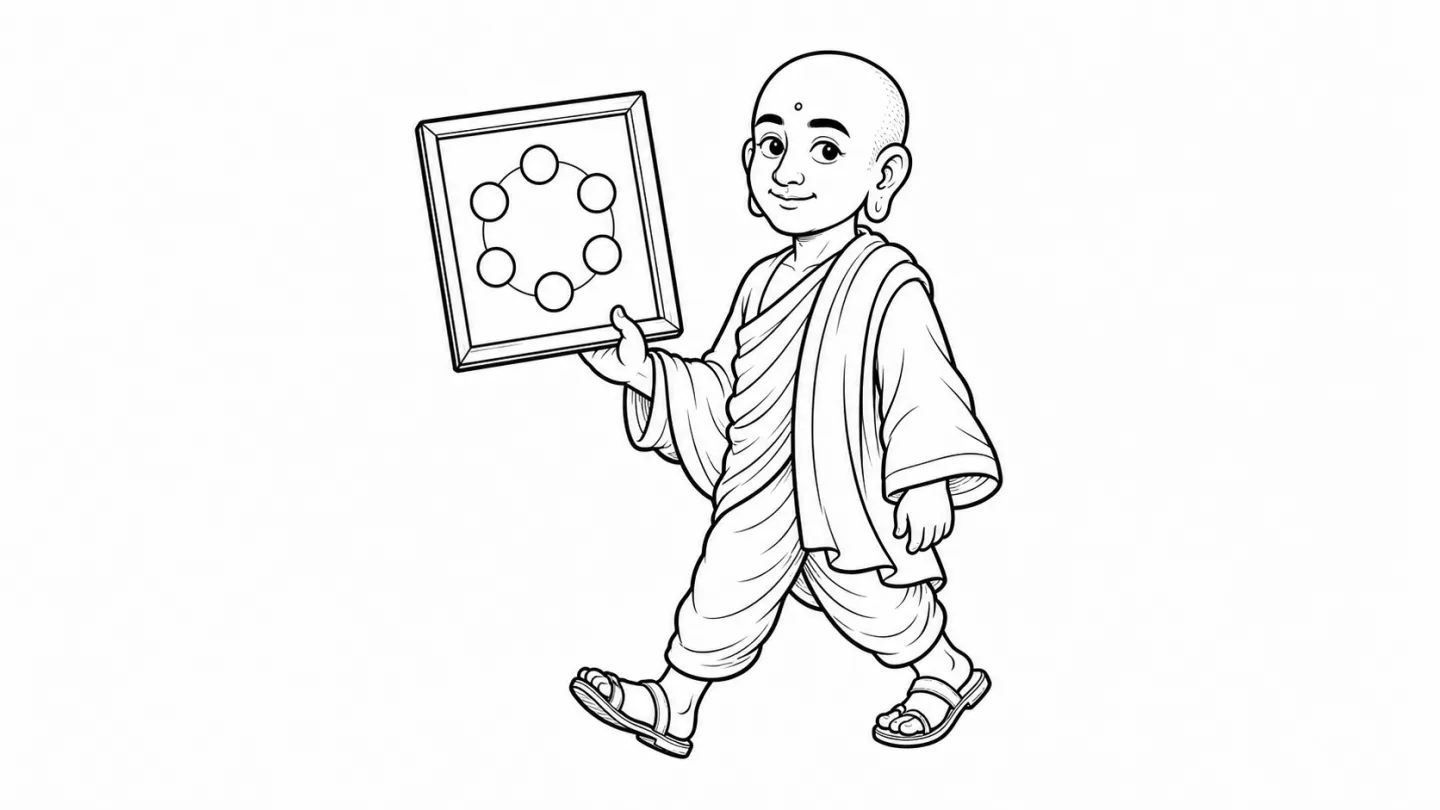 ナーガールジュナ(龍樹)が世界の見方を象徴する図を手に歩くモノクロ線画