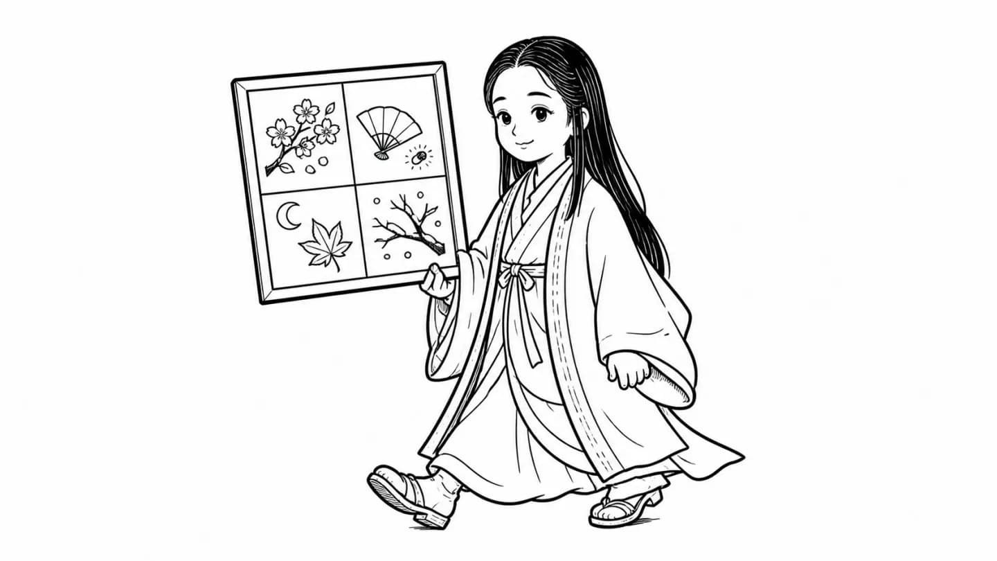 清少納言が世界の見方を象徴する図を手に歩くモノクロ線画