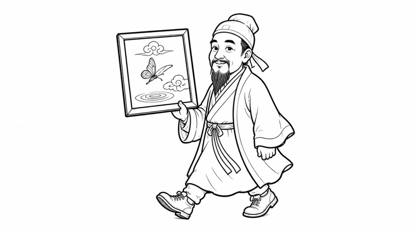 荘子が世界の見方を象徴する図を手に歩くモノクロ線画